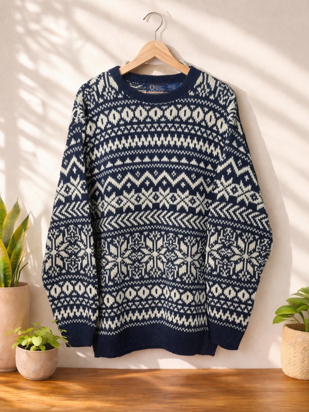 Vntg Blue Fair Isle Sweater Nordic Alpine Snowflake Knit Cozy Cabin Winter XXL